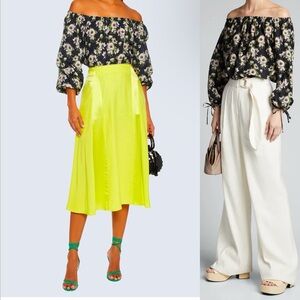 Adam Lippes | Floral Black Womens Off Shoulder Top Silk Cotton